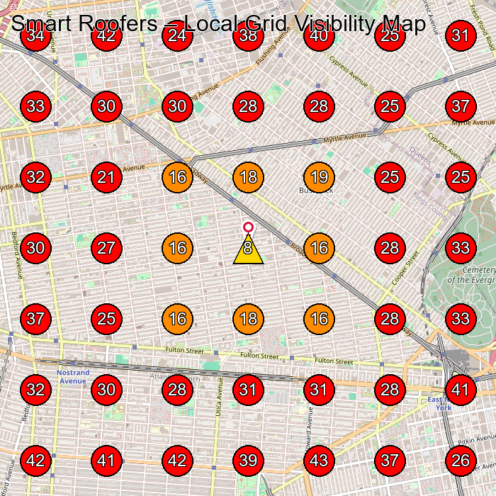 Smart Roofers GeoGrid visibility map for Roofing Contractor in Brooklyn